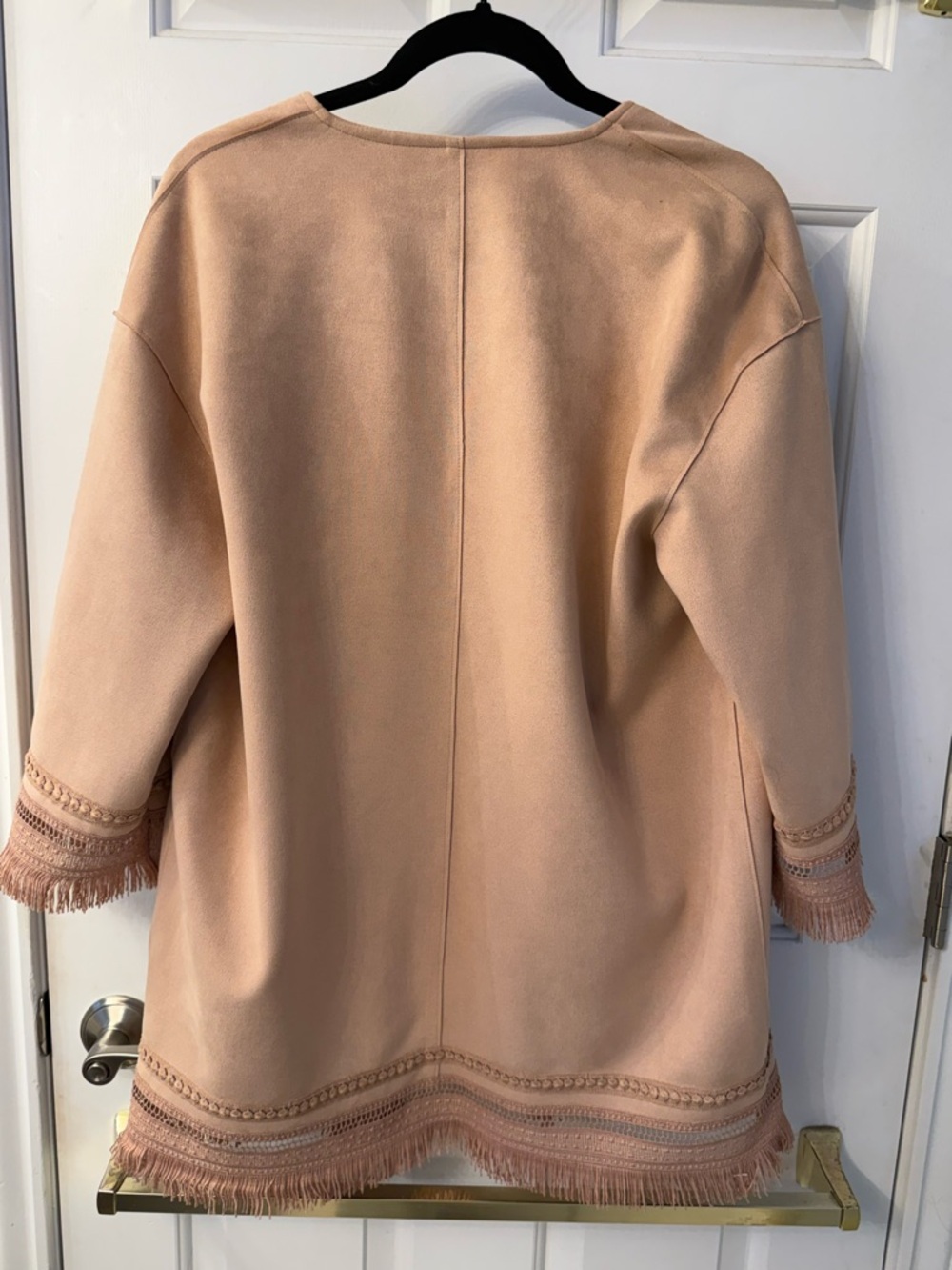 Zara Camel Fringe-Trim Open Front Trench Coat - Picture 2 of 3